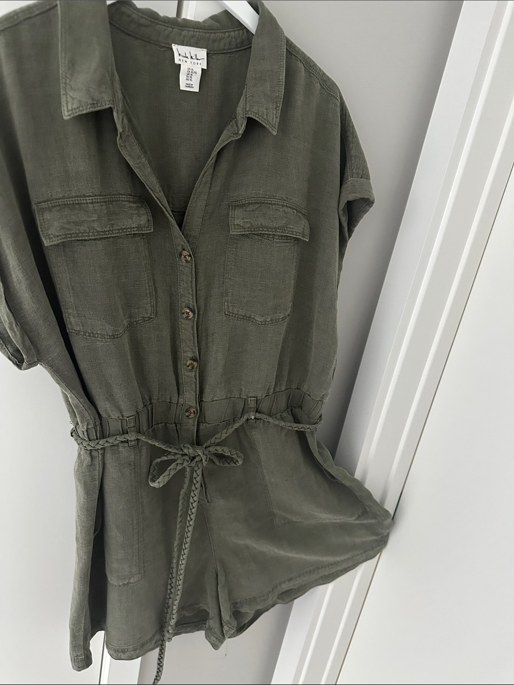Nicole Miller Olive Button-Front Utility Romper with Braided Waist
